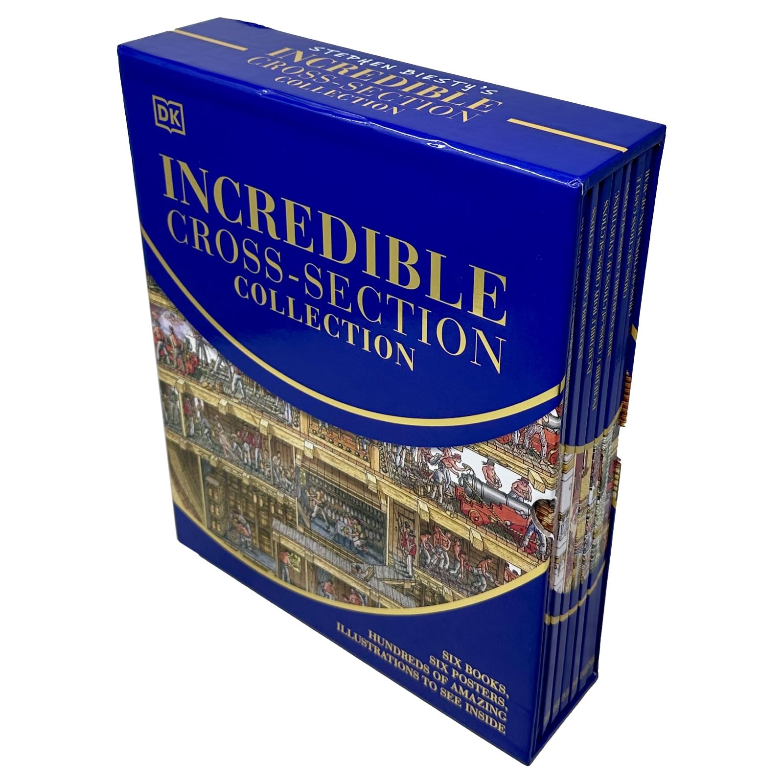 Six hardcover books from Stephen Biesty's Incredible Cross-Section Collection by DK Publishing, featuring detailed cross-section illustrations.