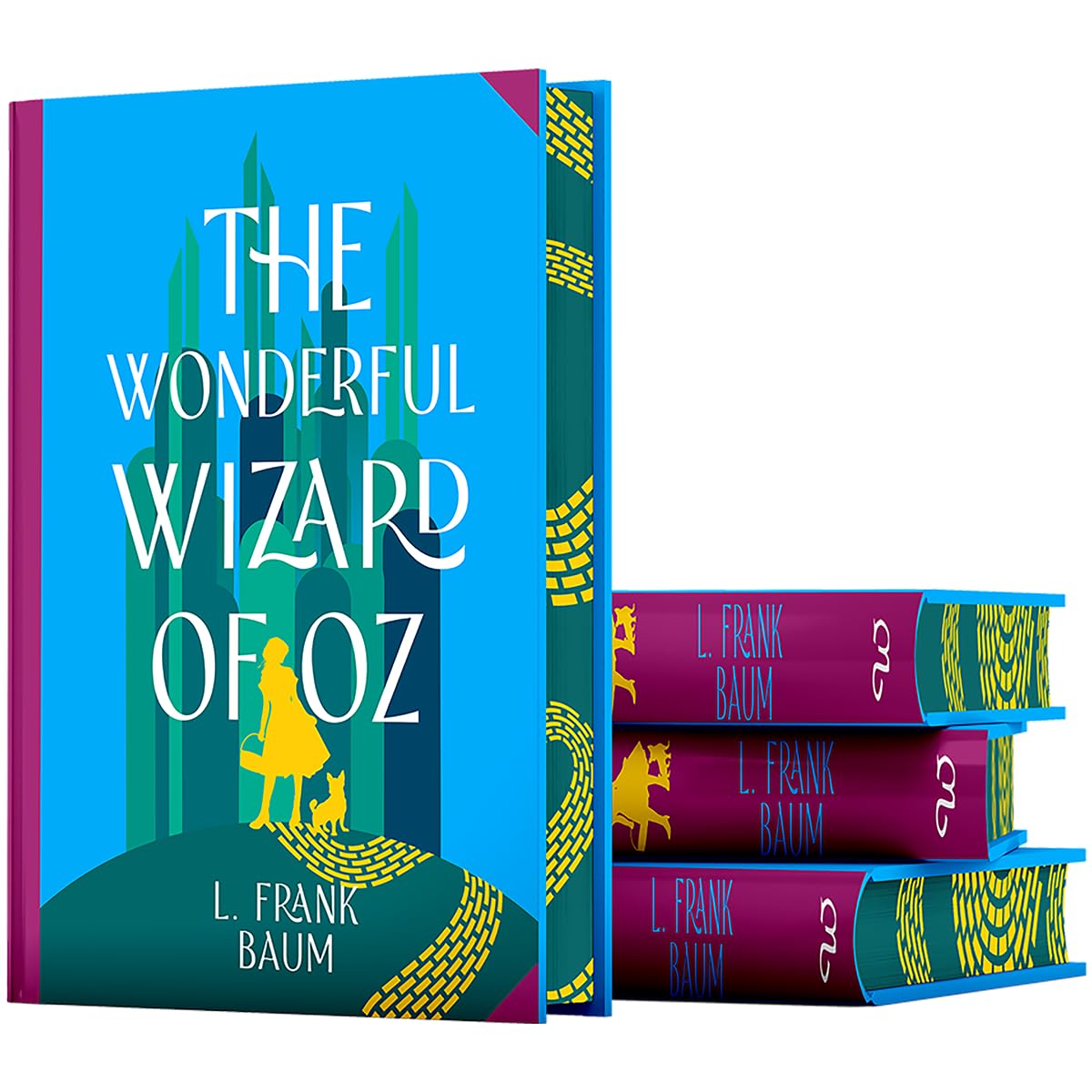 Hardback edition of The Wonderful Wizard of Oz by L. Frank Baum featuring vibrant cover art and classic design elements.