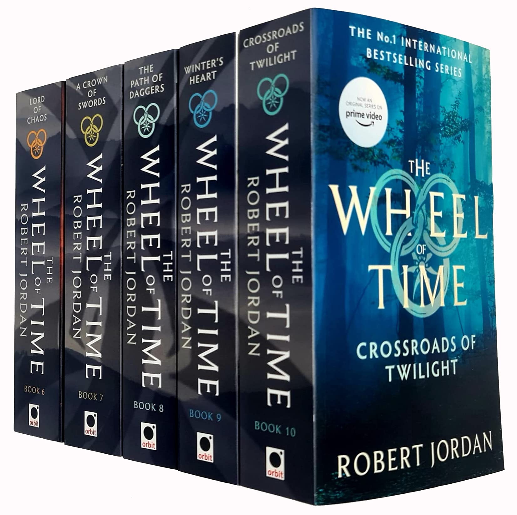 Set of five paperback fantasy books from the Wheel of Time series by Robert Jordan, featuring colorful cover art and binding.