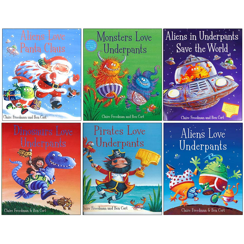 Six paperback books from the "Aliens Love Underpants" collection by Claire Freedman for ages 3-7.