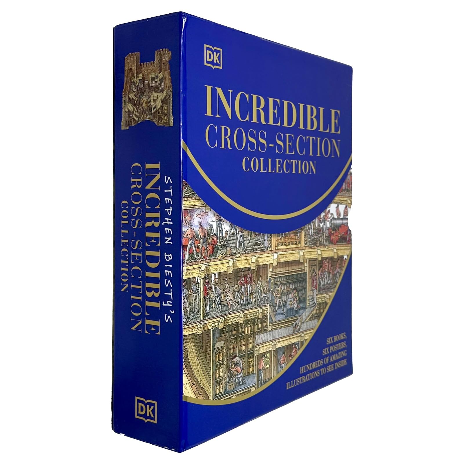Six hardcover books from Stephen Biesty's Incredible Cross-Section Collection by DK Publishing, featuring detailed cross-section illustrations.