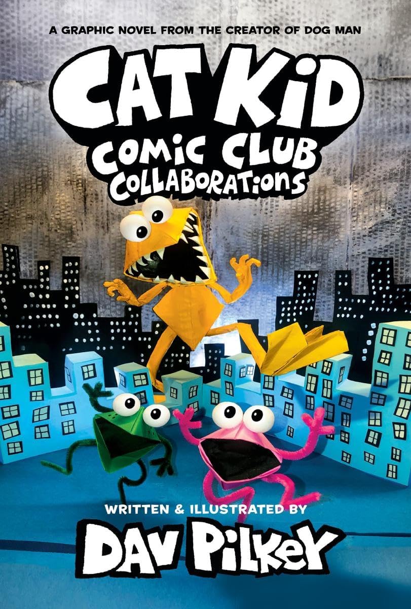 Two hardback books from the Cat Kid Comic Club collection by Dav Pilkey, featuring colorful illustrations and engaging stories.