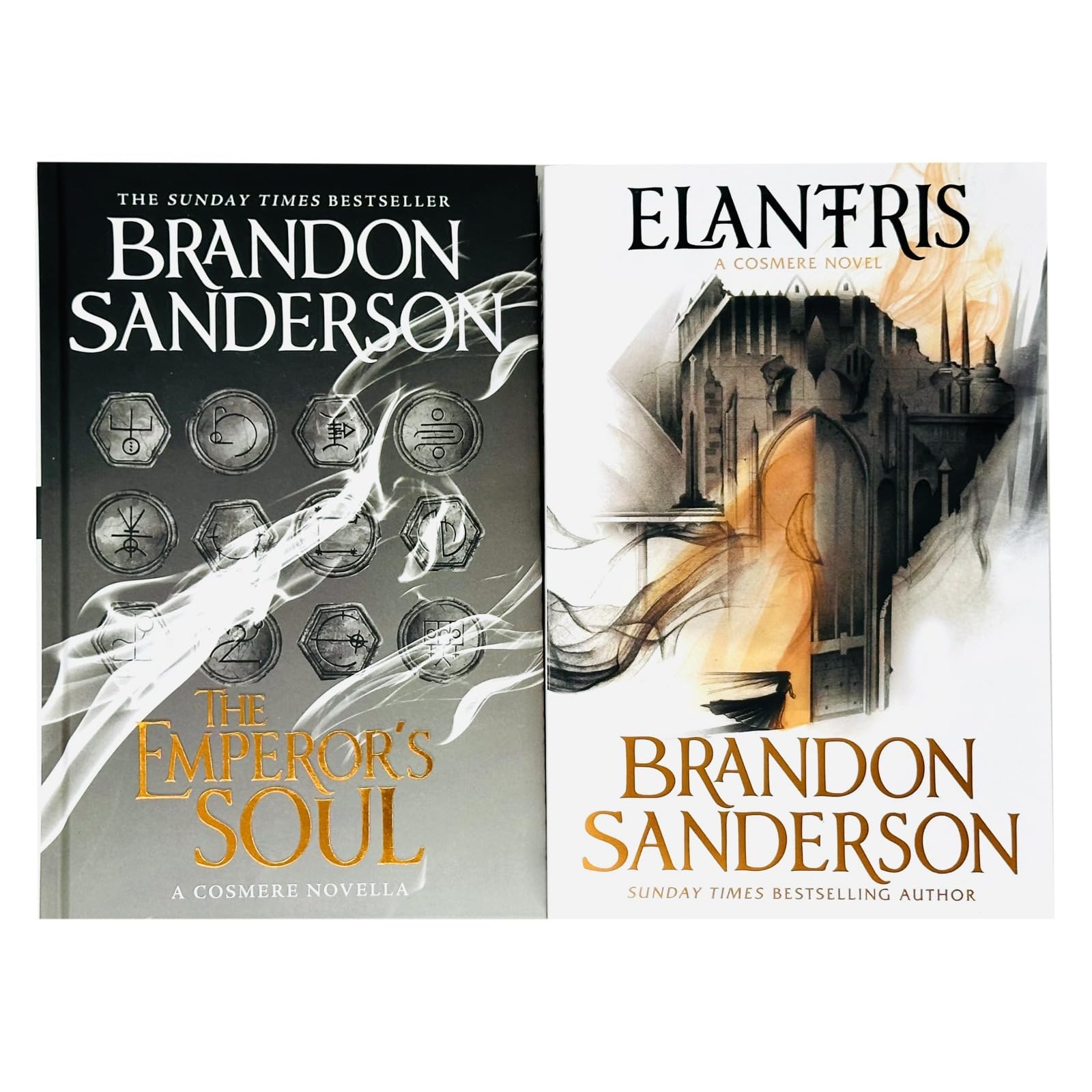 Elantris Series Collection by Brandon Sanderson, featuring two paperback books with fantasy cover art.