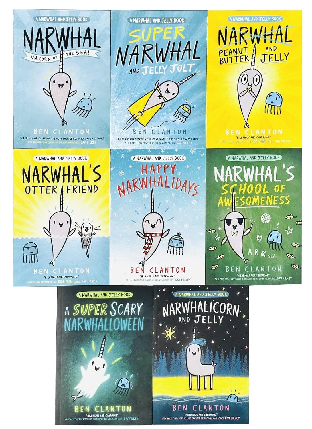 Set of 8 paperback Narwhal and Jelly books by Ben Clanton for ages 3-7, featuring colorful illustrations of the popular characters.