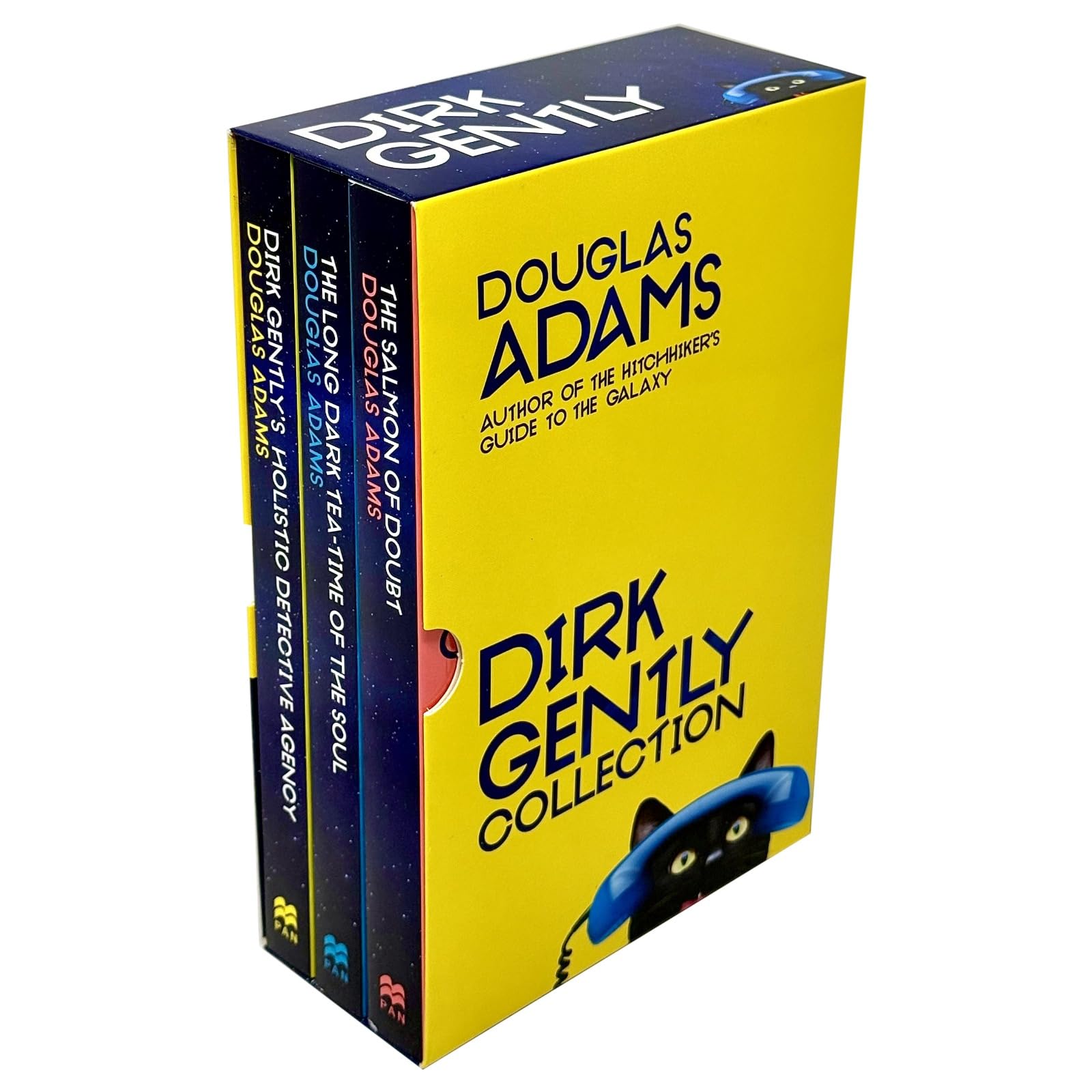 Three paperback books from the Dirk Gently Collection by Douglas Adams in a Macmillan Ltd box set, featuring colorful cover art.