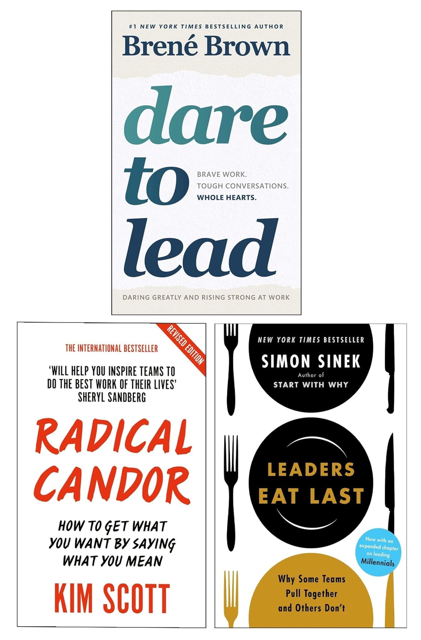 Set of three Brené Brown non-fiction paperback books: Dare to Lead, Radical Candor, and Leaders Eat Last, by Macmillan UK Ltd.