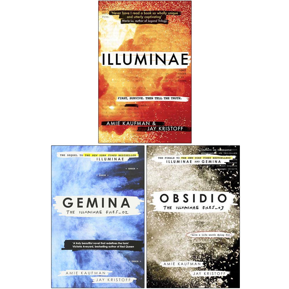 Three paperback books from the Illuminae Files collection by Amie Kaufman, showcasing sci-fi fiction covers.