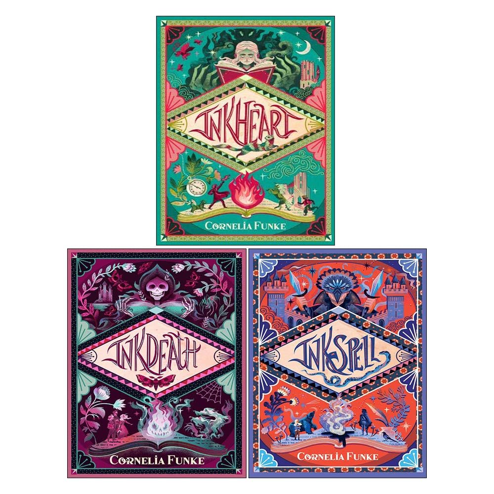 Inkheart Trilogy by Cornelia Funke, three paperback books stacked with colorful covers and intriguing artwork.