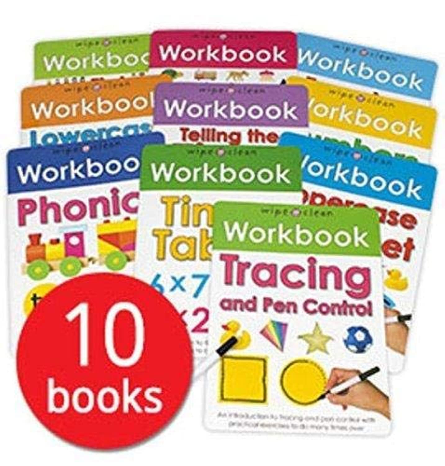 Wipe-clean workbook collection by Roger Priddy featuring 10 board books for ages 3-5 with colorful illustrations.