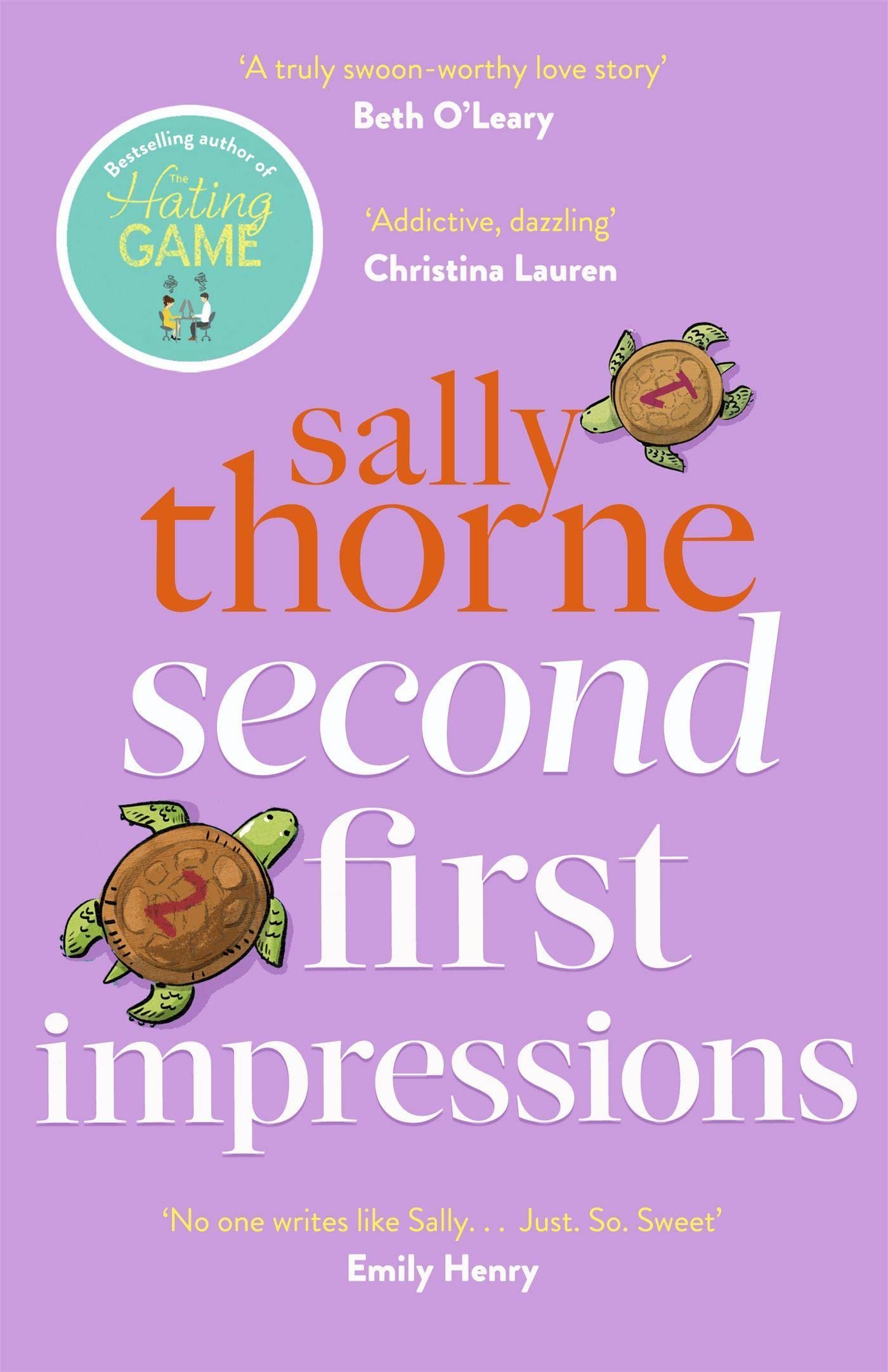 Paperback copy of "Second First Impressions" by Sally Thorne, featuring a colorful cover design and vibrant typography.