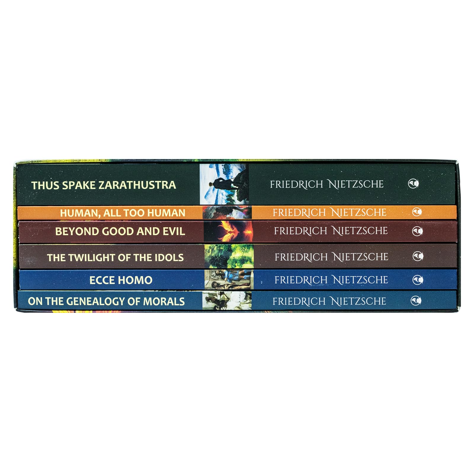 Set of six paperback books by Friedrich Nietzsche, complete works collection in classic editions, featuring philosophical non-fiction.