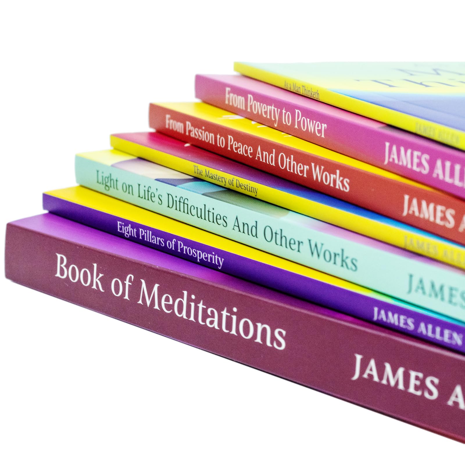 Set of seven James Allen classic editions in paperback, featuring black and white cover designs, arranged in a tidy display.