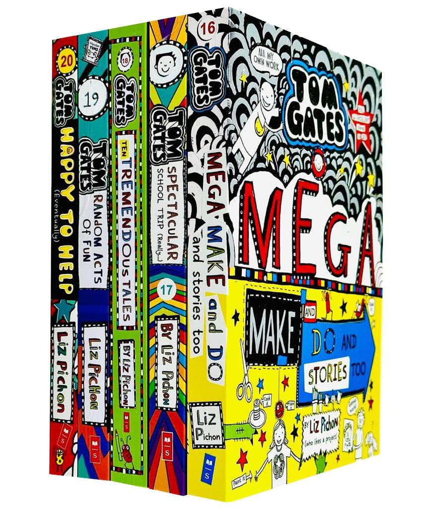 Tom Gates Series collection of 5 paperback books by Liz Pichon for ages 8-12, featuring colorful covers and engaging illustrations.