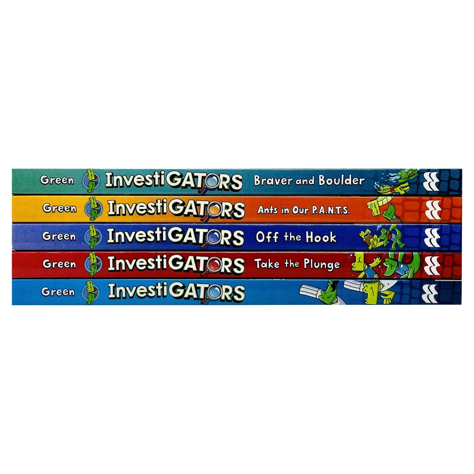 Set of five InvestiGators paperback books by John Patrick Green, featuring colorful cover art from the children's fiction collection.