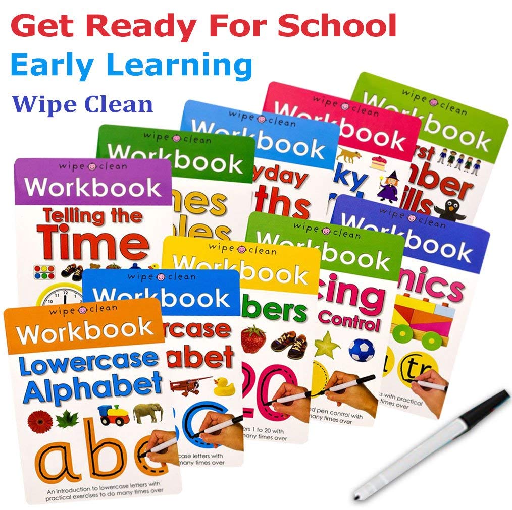 Wipe-Clean Workbook Collection by Roger Priddy, 10 board books for ages 3-5, featuring colorful, interactive pages.