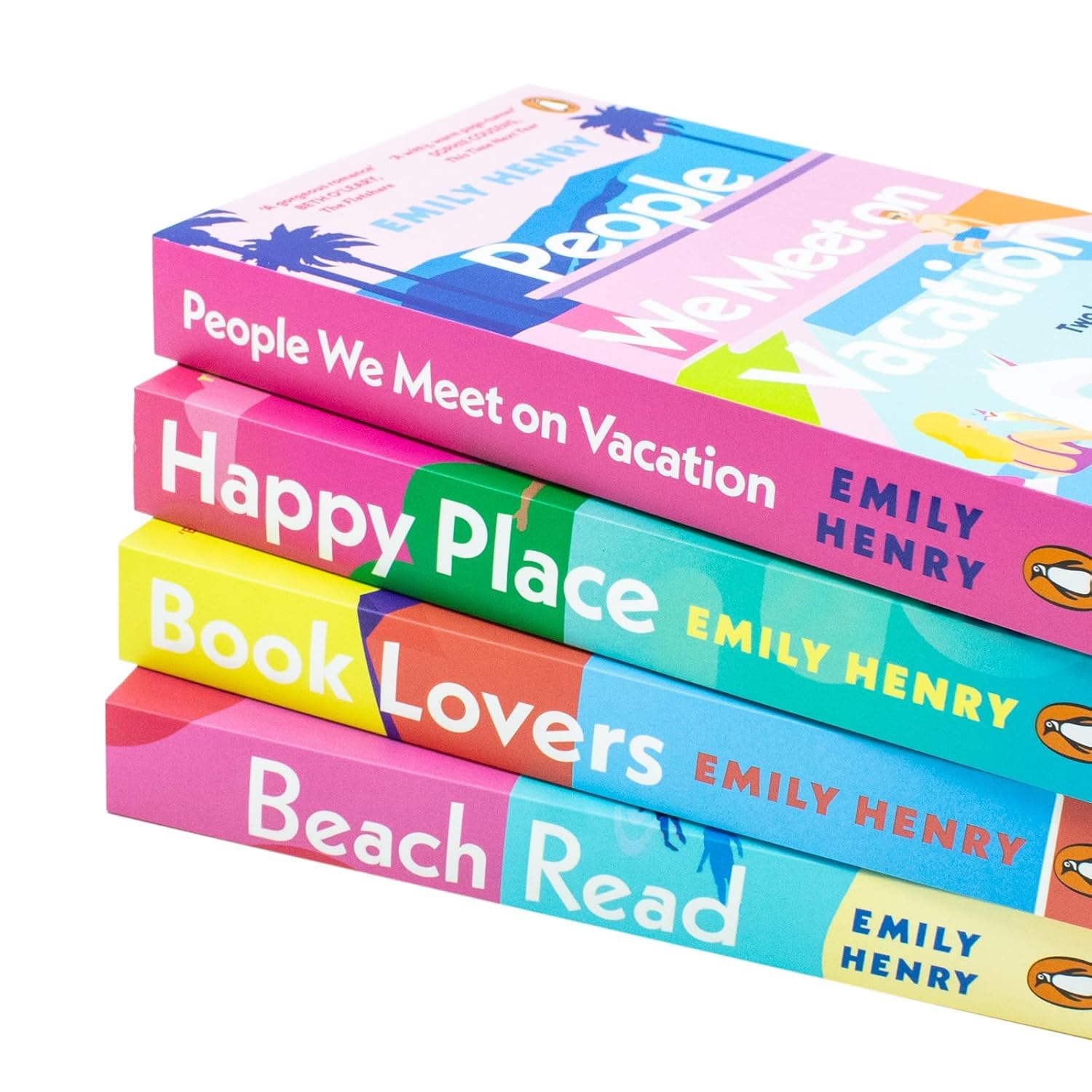 Emily Henry's 4 paperback books collection set displayed with covers featuring vibrant designs and titles.