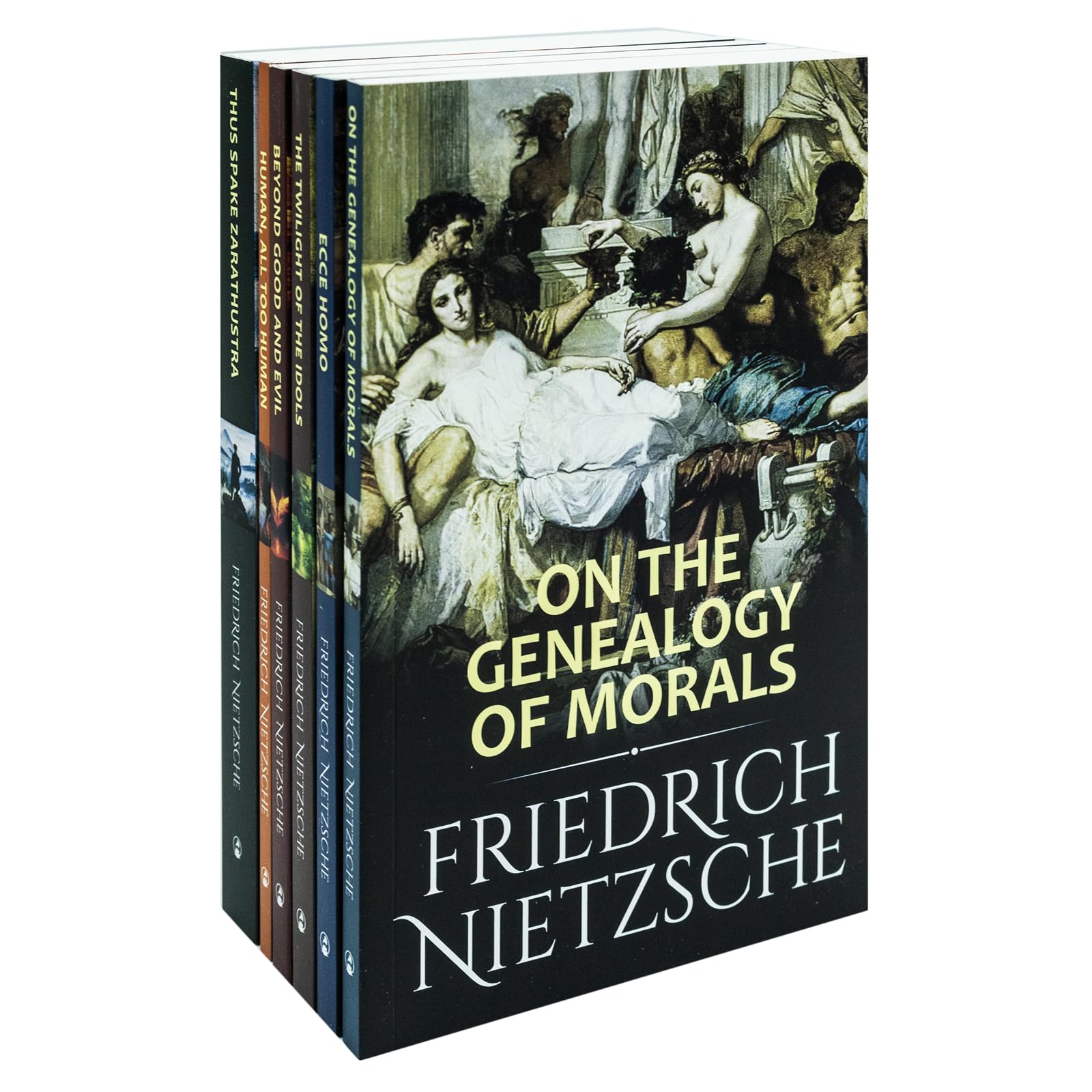 Set of Friedrich Nietzsche's complete works in classic paperback edition, featuring six books on philosophy and non-fiction.