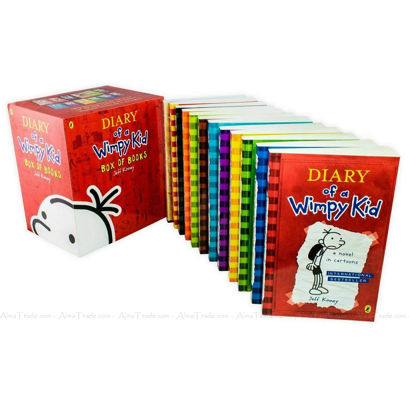 Set of 12 Puffin paperback Diary of a Wimpy Kid books by Jeff Kinney, featuring colorful covers and cartoon illustrations.