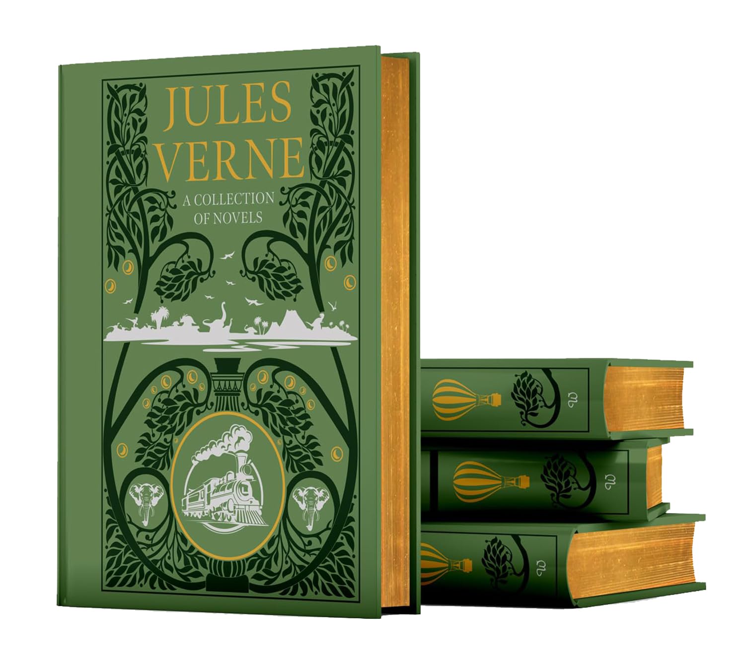 Jules Verne Collection set featuring four hardback fiction books by Jules Verne, displayed with colorful covers.