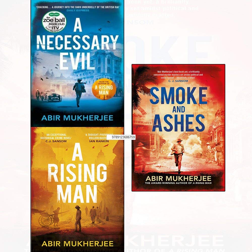 Sam Wyndham Series by Abir Mukherjee, three vintage paperback books stacked on a table, showcasing colorful covers.