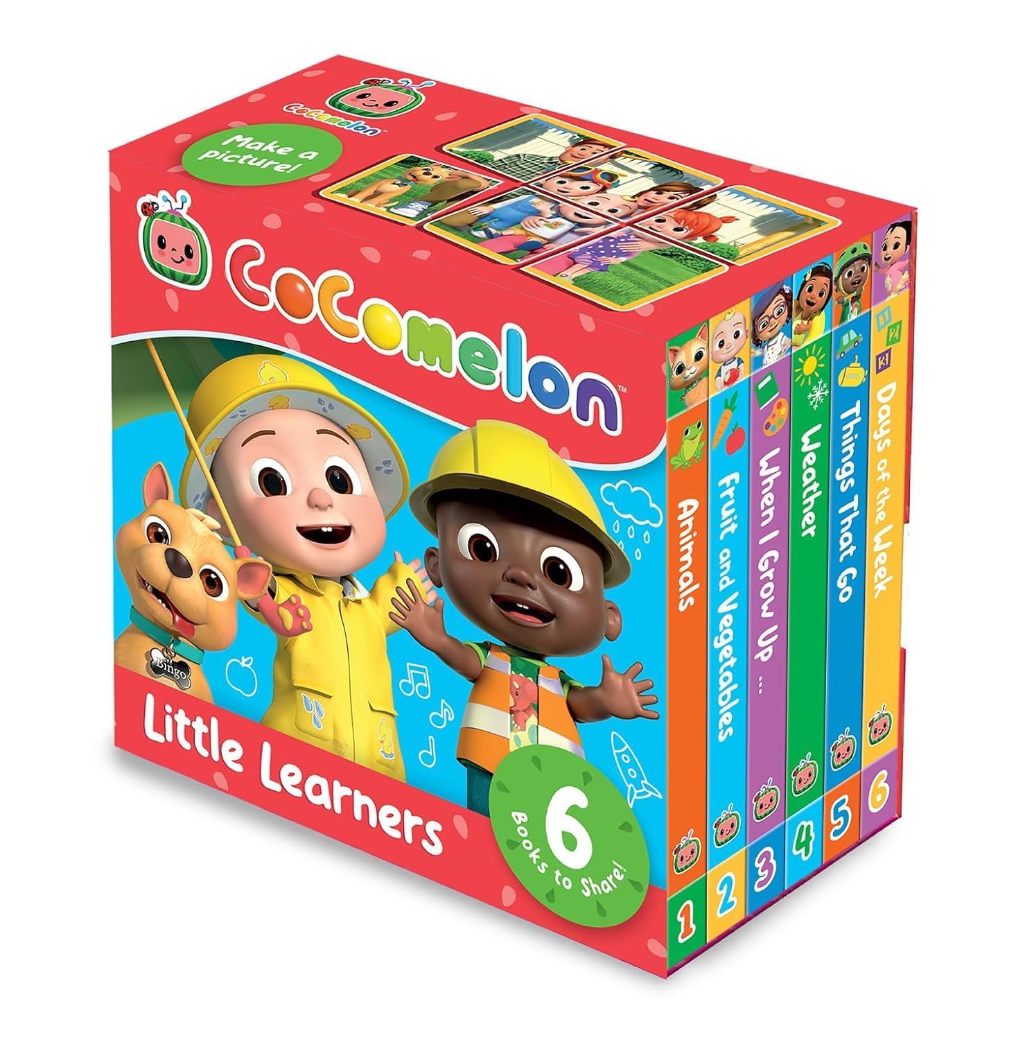 Cocomelon 12 book collection set displayed, featuring colorful board books for children published by Farshore Ltd.