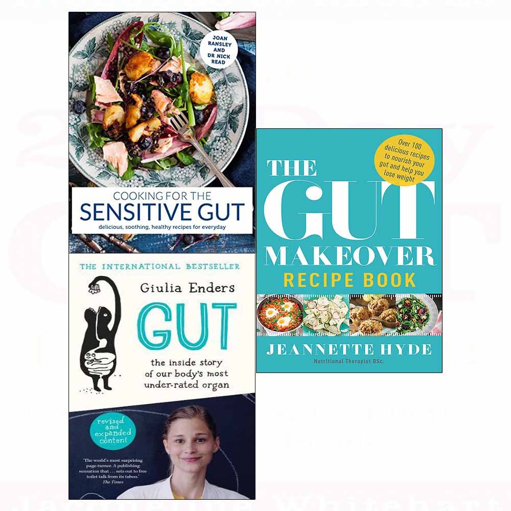 Three paperback books from the Cooking Gut collection by Joan Ransley, showcasing vibrant food photography and recipes.