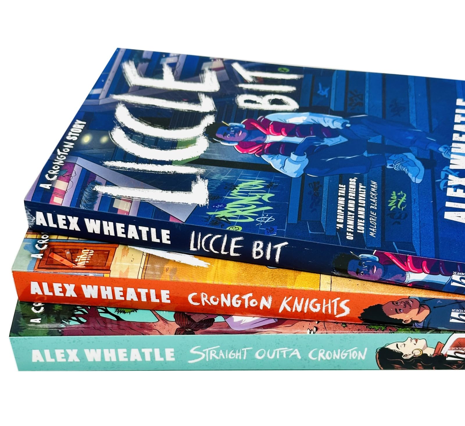 Alex Wheatle Collection set of 3 paperback fiction books featuring vibrant covers and author Alex Wheatle's name.