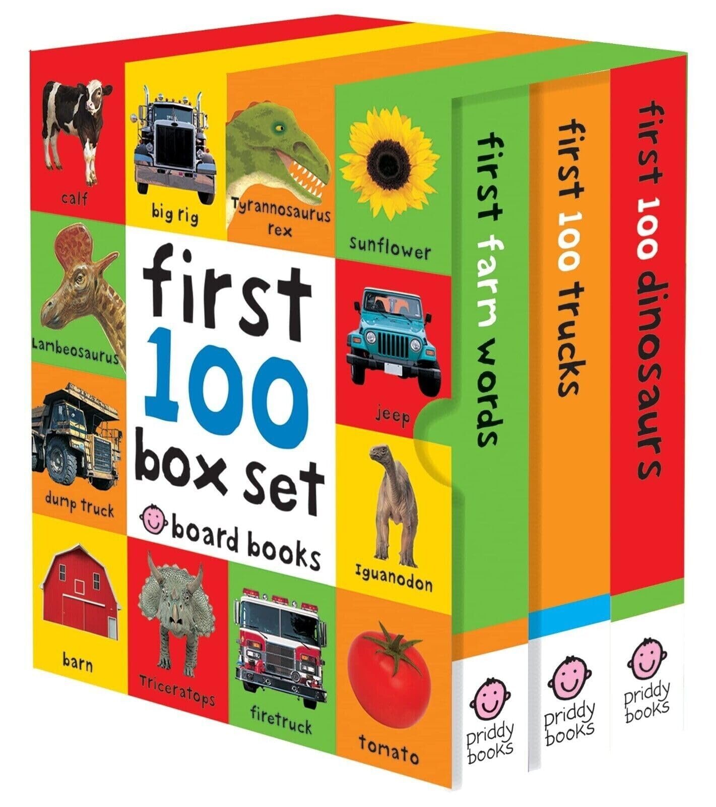 First 100 Box Set by Roger Priddy, three colorful board books for ages 0-3, featuring engaging illustrations and words.