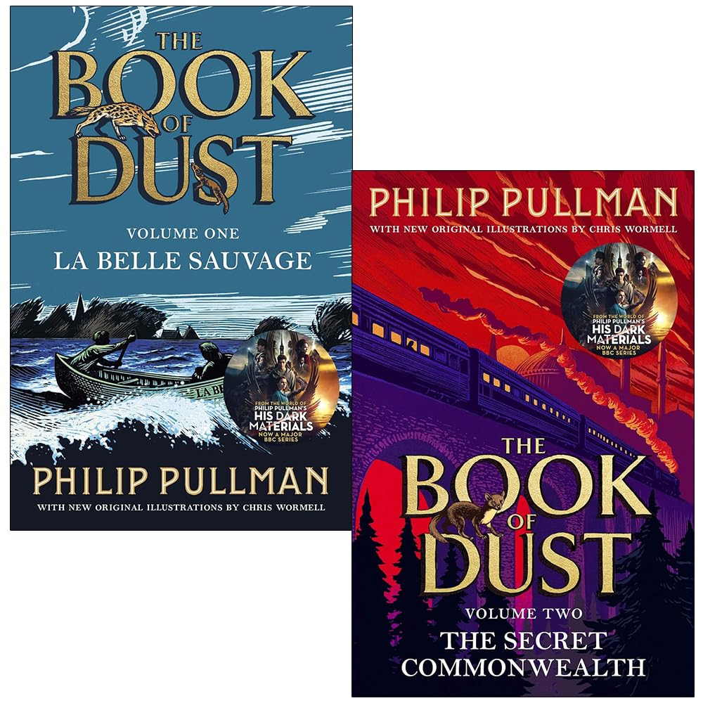 The Book of Dust series by Philip Pullman, two paperback books displayed together on a wooden surface.
