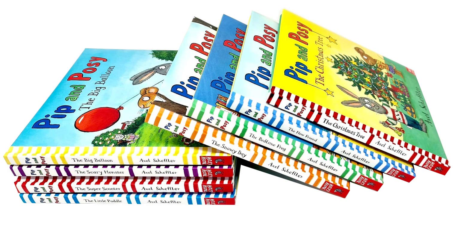 Pip and Posy 8-book hardback collection by Axel Scheffler, featuring colorful illustrations for ages 2-5.