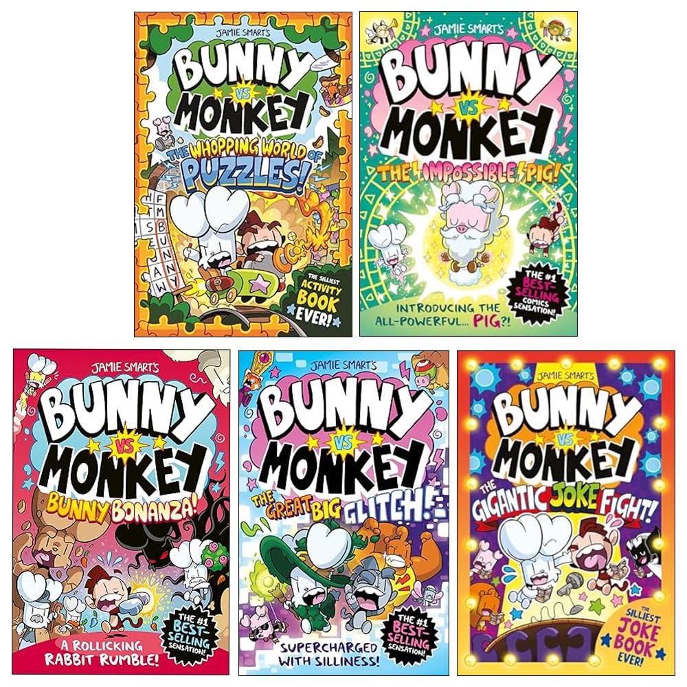 Five-book collection of Bunny vs Monkey fiction paperbacks by Jamie Smart, featuring colorful cover art and humorous characters.