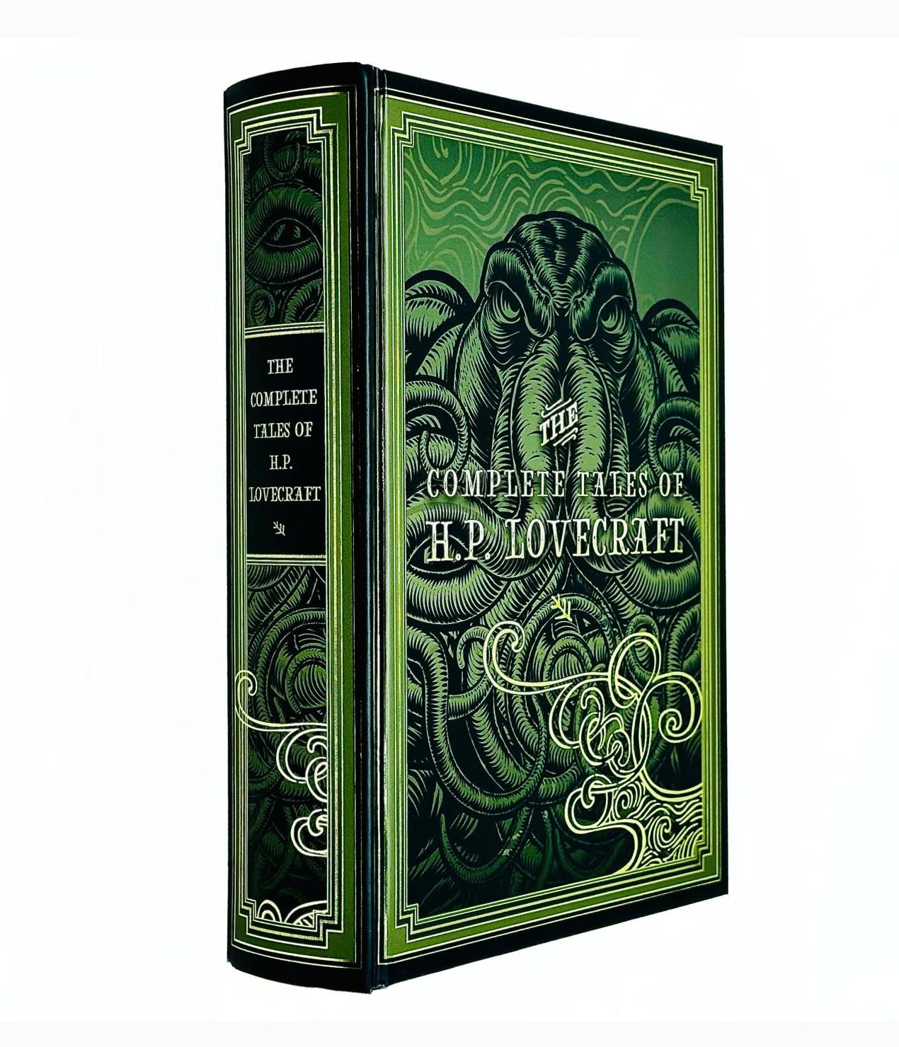 Hardback edition of "The Complete Tales of H. P. Lovecraft" showcasing a detailed cover design with dark, eerie artwork.