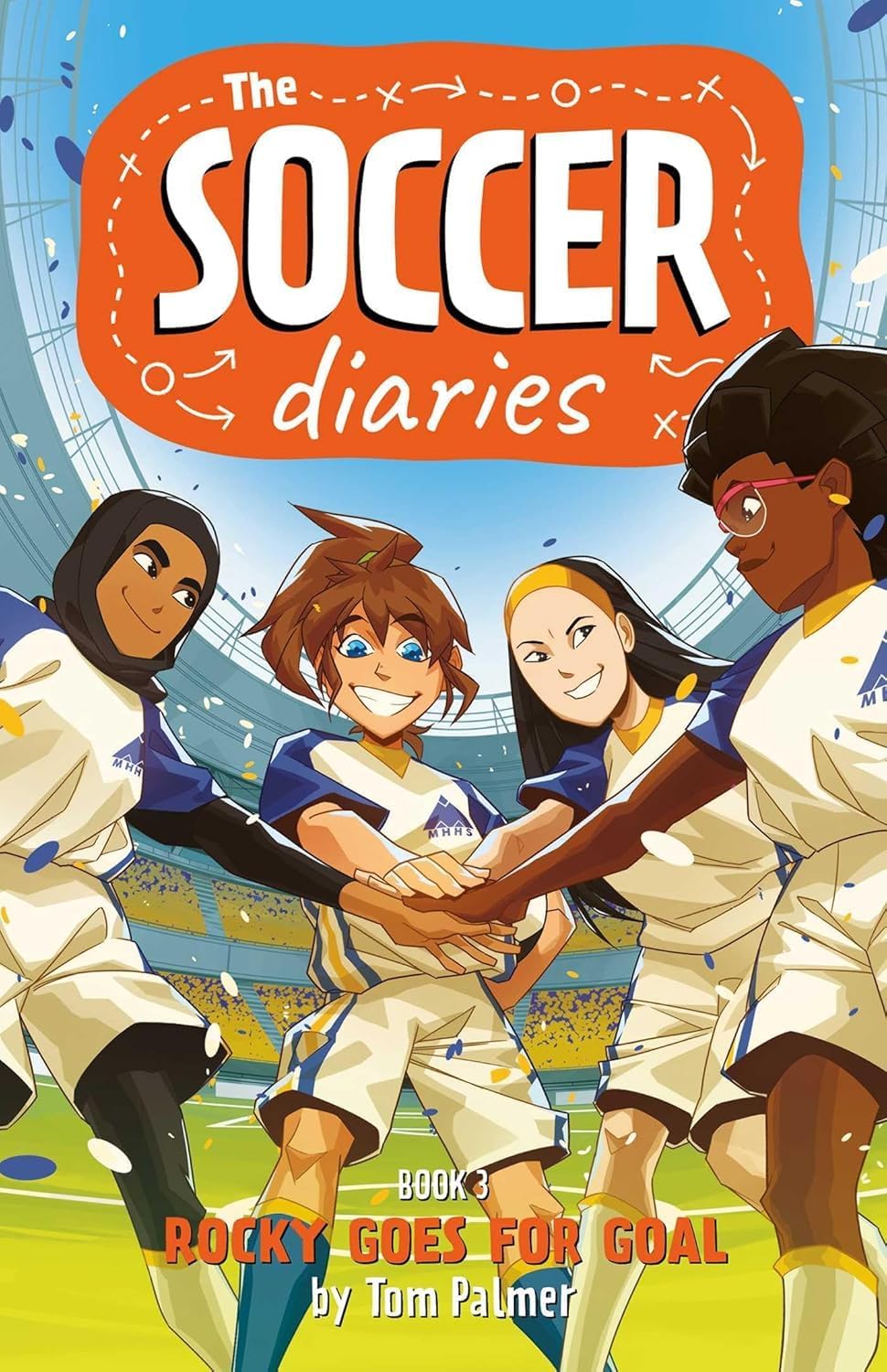 Four paperback books from "The Soccer Diaries" collection by Tom Palmer for ages 7-12, featuring vibrant covers.