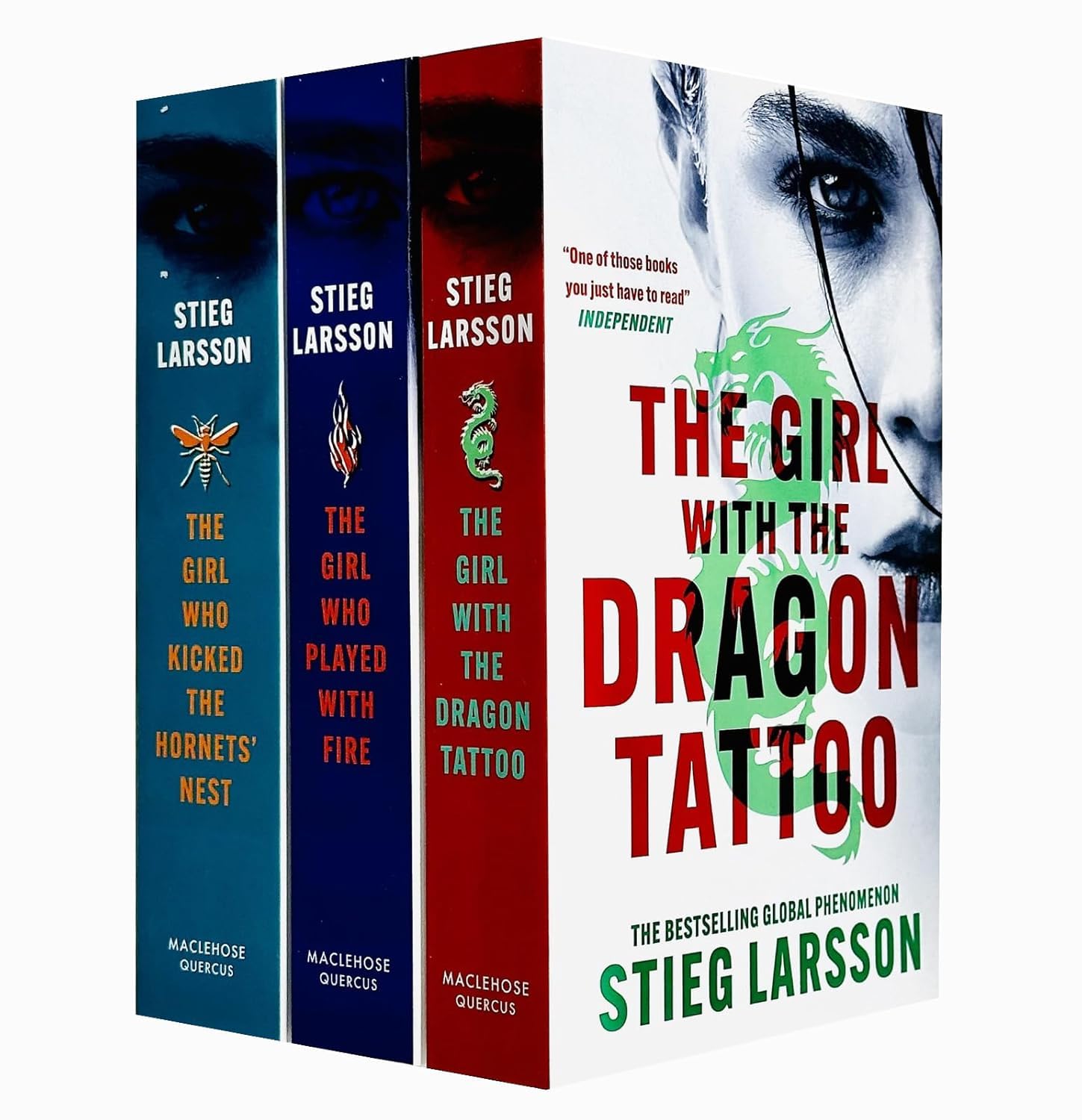 Millennium Trilogy paperback collection by Stieg Larsson, featuring three distinct book covers in a stacked arrangement.