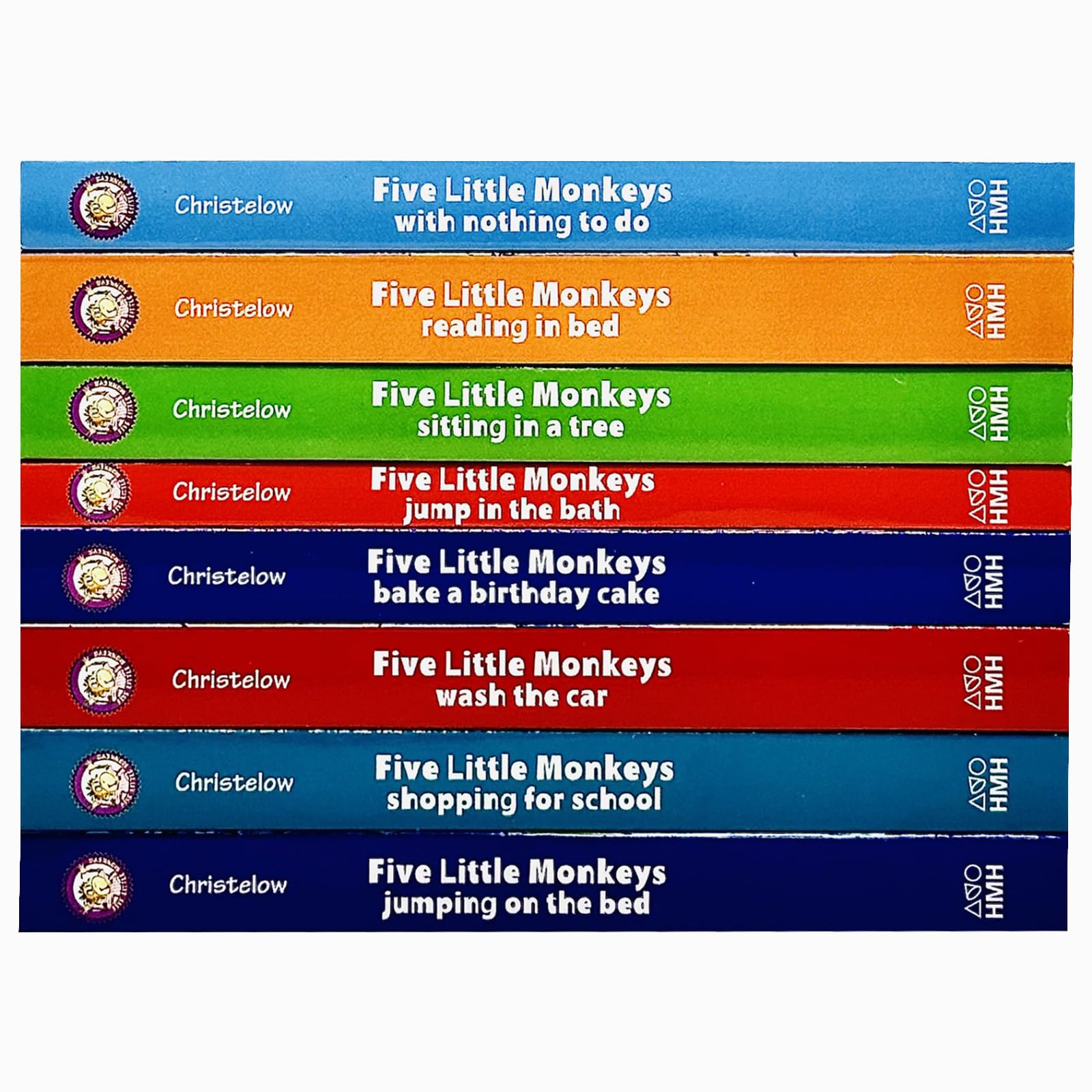 Eight board books from the Five Little Monkeys Adventures series by Eileen Christelow, suitable for ages 3–7.