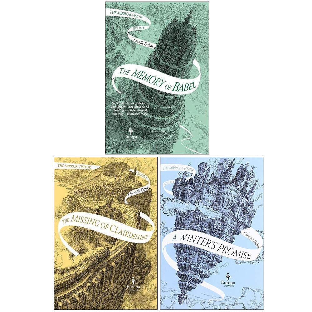Three paperback books from the Mirror Visitor Quartet series by Christelle Dabos, featuring vibrant covers and spine designs.