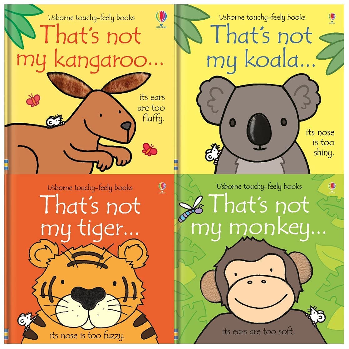 Usborne Touchy-Feely Wild Animals board books by Fiona Watt for ages 0-5, featuring tactile animal illustrations.