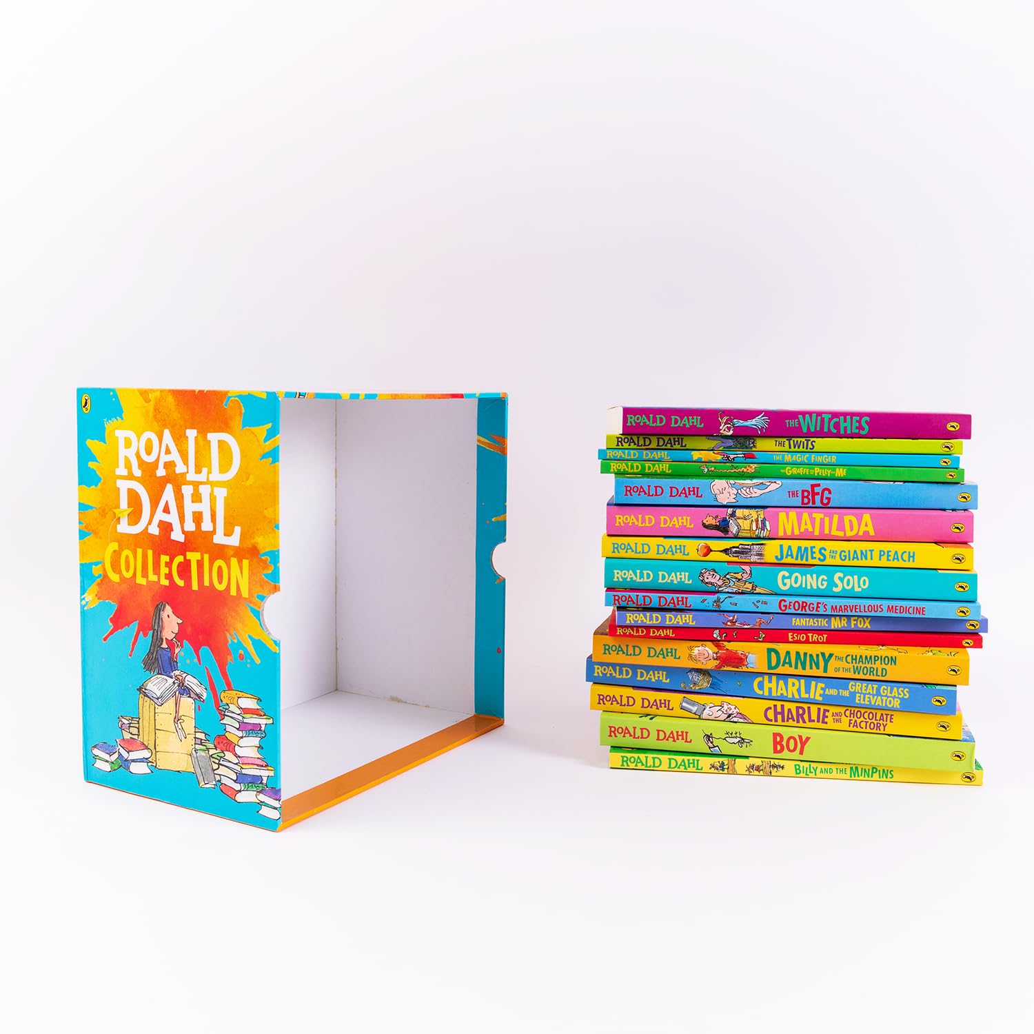 Roald Dahl paperback box set featuring 16 books for ages 7-12, with colorful covers and Penguin branding.