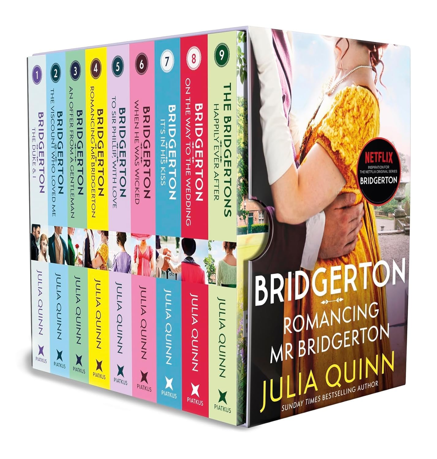 Bridgerton Collection by Julia Quinn, 9 paperback fiction books set showcasing elegant covers and design.