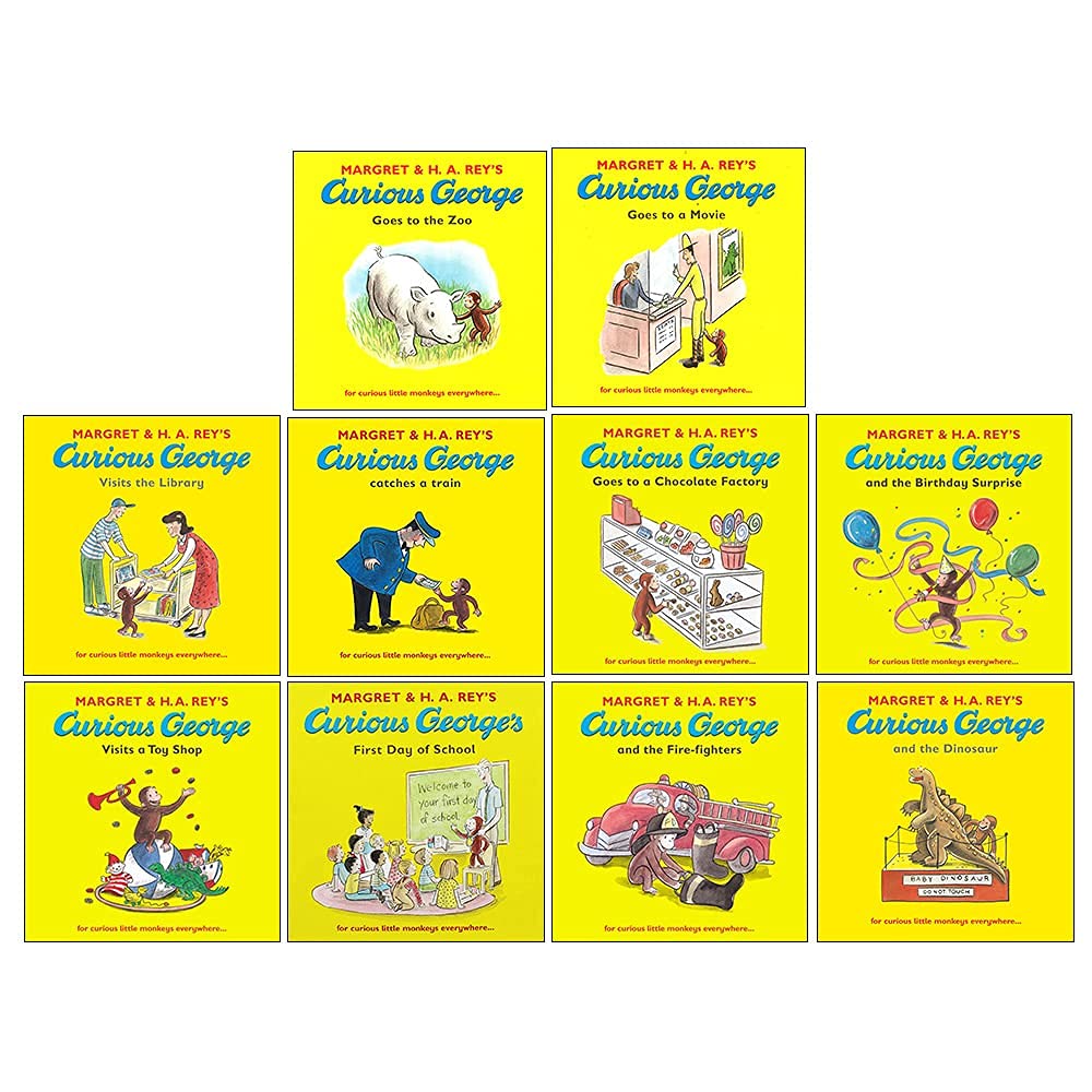 Set of 10 Curious George books by Margret Rey in paperback, featuring colorful cover illustrations for children ages 3 to 7.