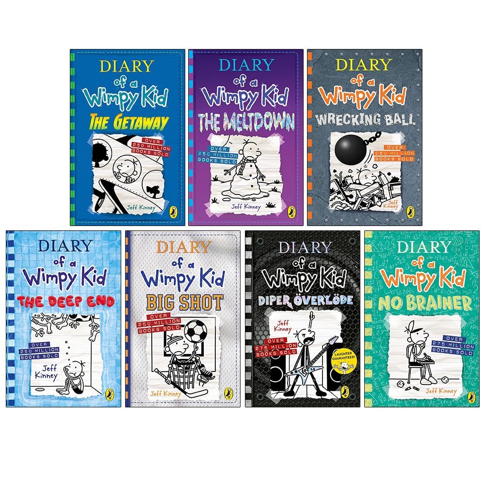 Seven paperback books from the Diary of a Wimpy Kid collection by Jeff Kinney, featuring colorful covers and fun illustrations.