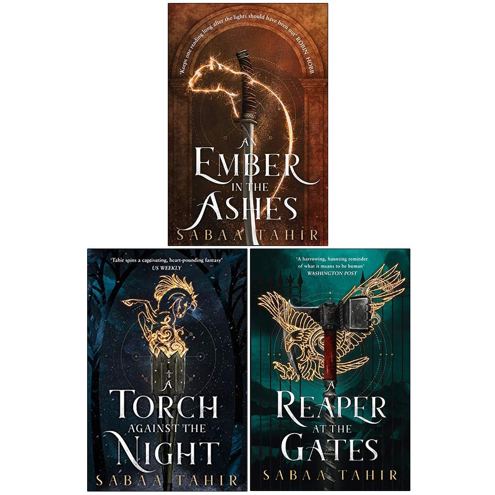 Ember in the Ashes Series by Sabaa Tahir, three paperback books stacked with covers featuring fantasy artwork.