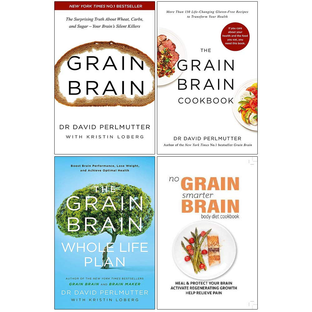 Four paperback books from the "Grain Brain" collection by David Perlmutter, published by Yellow Kite/Iota Publishing Limited.
