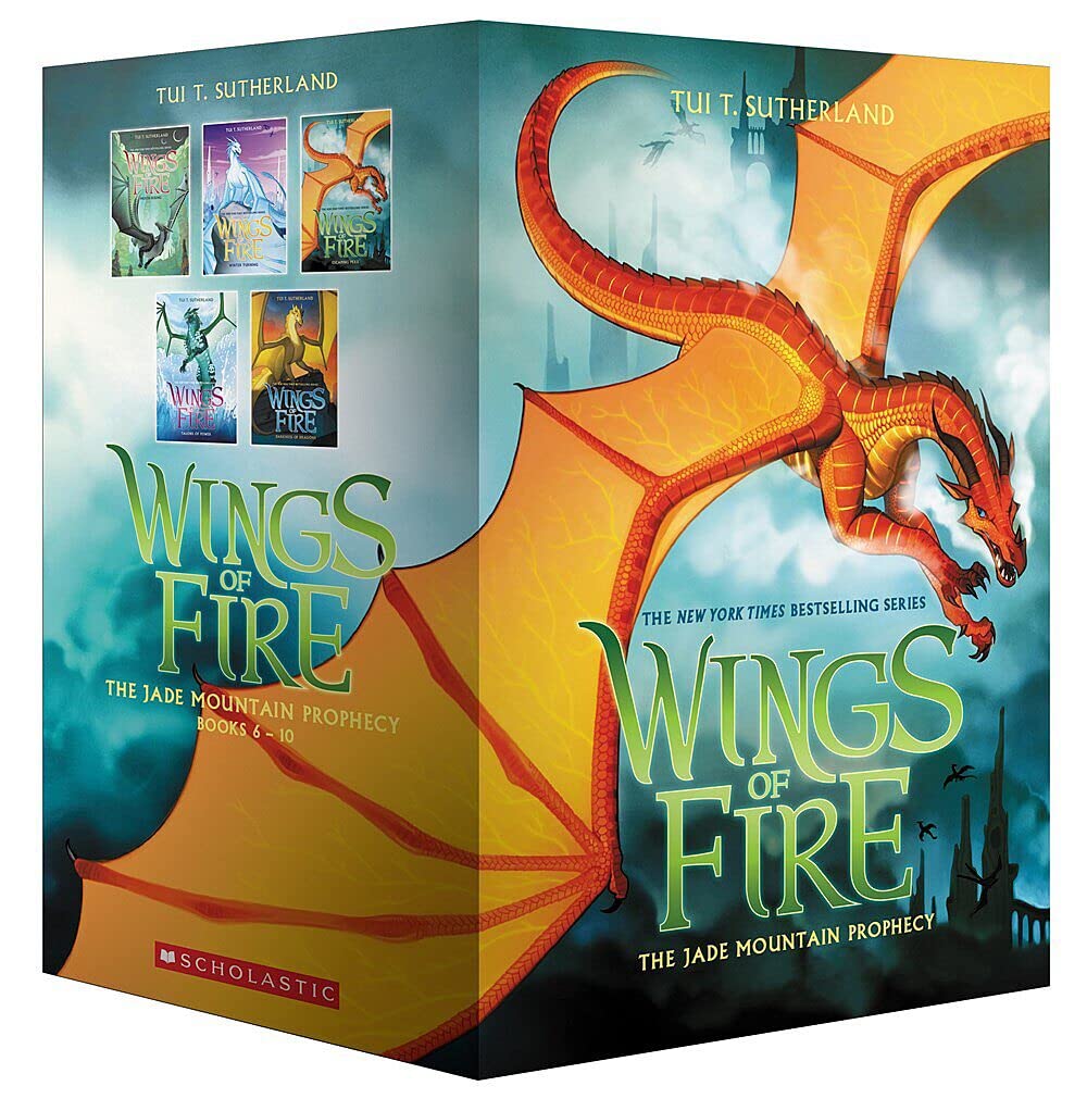 Set of five Wings of Fire fantasy paperback books by Tui T. Sutherland, Scholastic Paperbacks collection with colorful cover art.