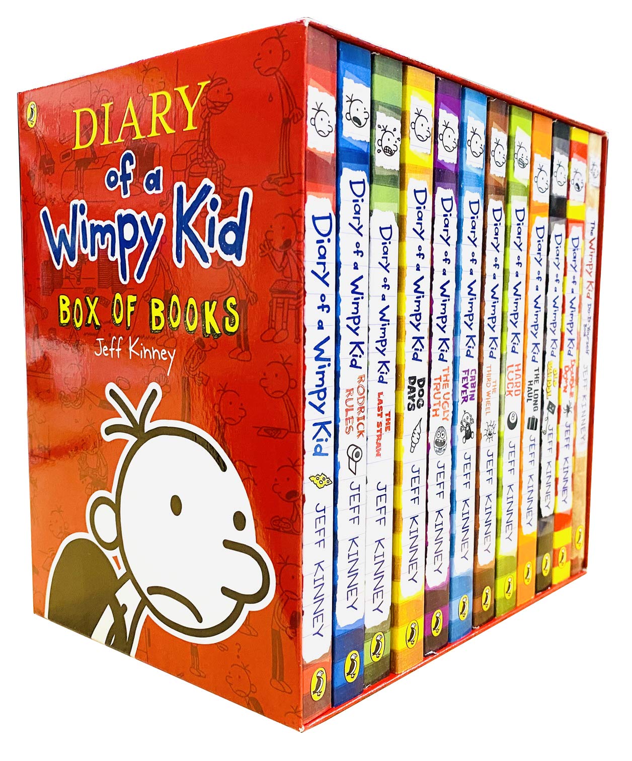 Diary of a Wimpy Kid series by Jeff Kinney, 12 paperback books collection set stacked on a table.