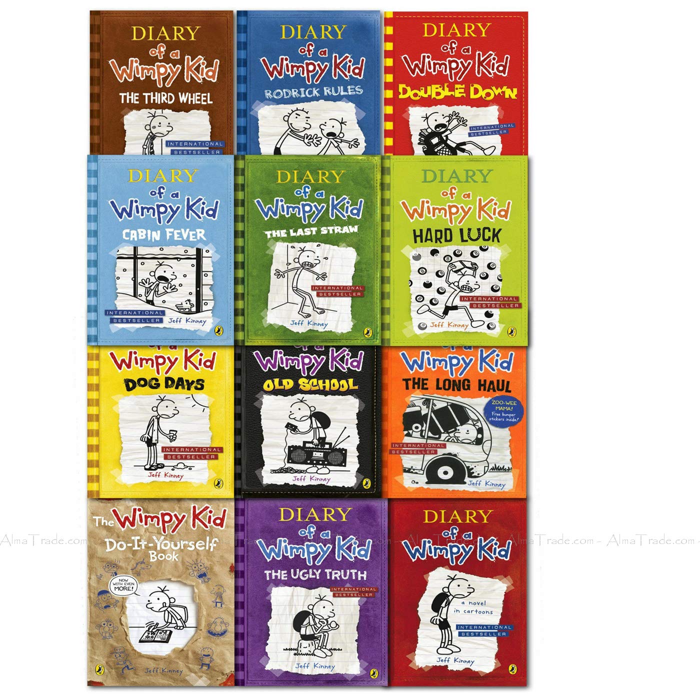 Set of 12 Puffin paperback Diary of a Wimpy Kid books by Jeff Kinney, featuring humorous fiction covers in a colorful collection.