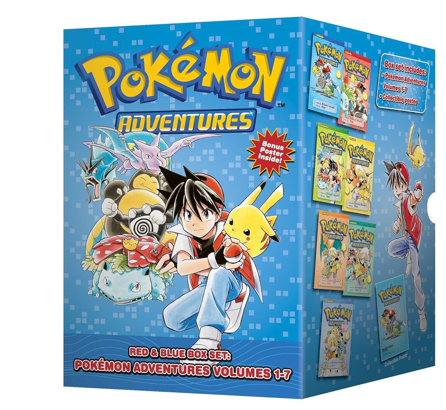 Seven-book Pokémon Adventures collection by Hidenori Kusaka, paperback set featuring colorful Pokémon characters and vibrant covers.