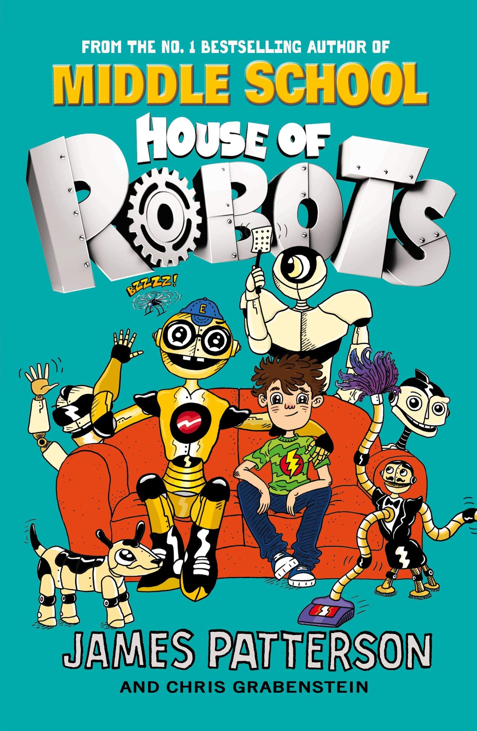 James Patterson hardback book collection, House of Robots, featuring three titles for ages 8-12 on a colorful shelf.