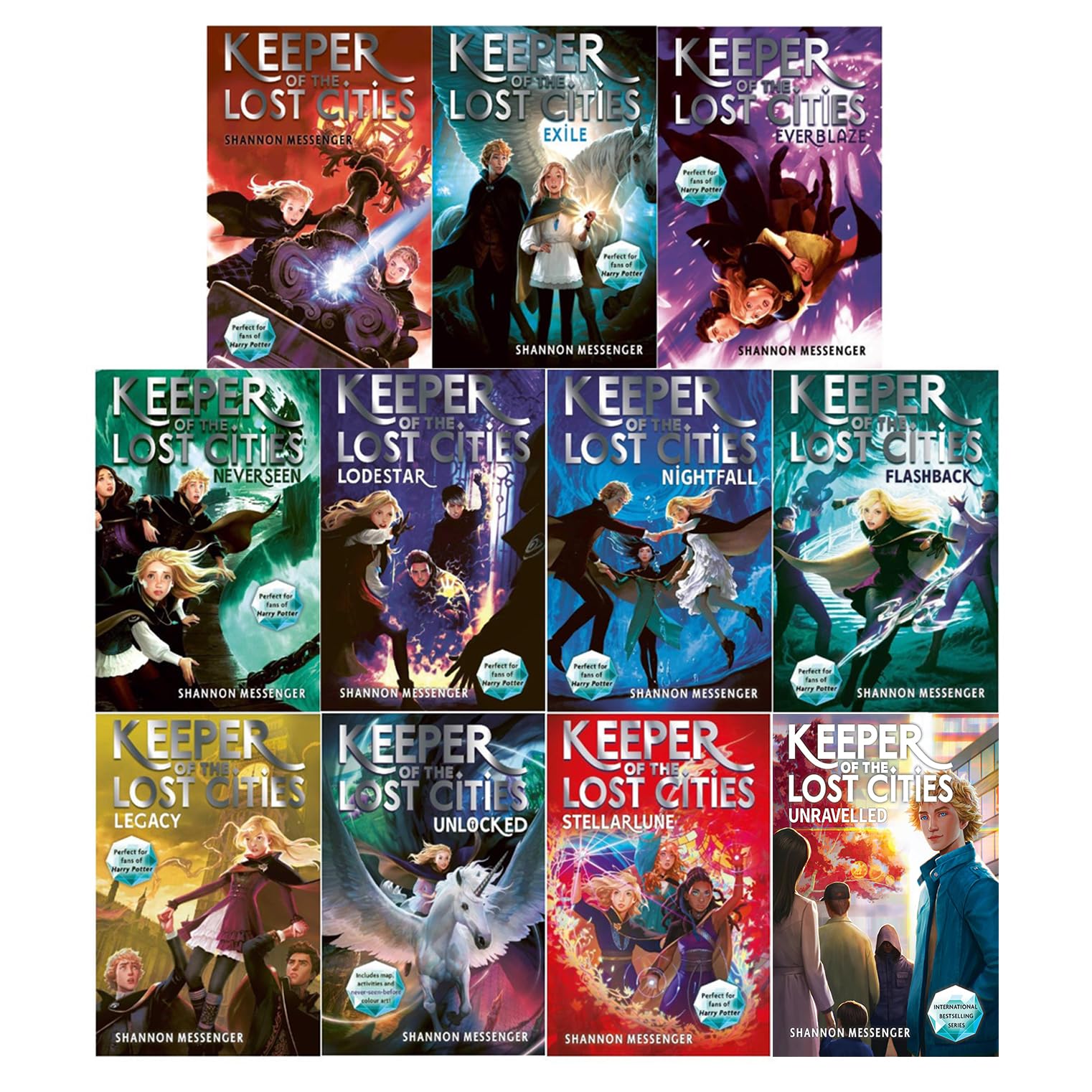 Set of 11 Keeper of the Lost Cities series books by Shannon Messenger, young adult paperback collection in vibrant covers.