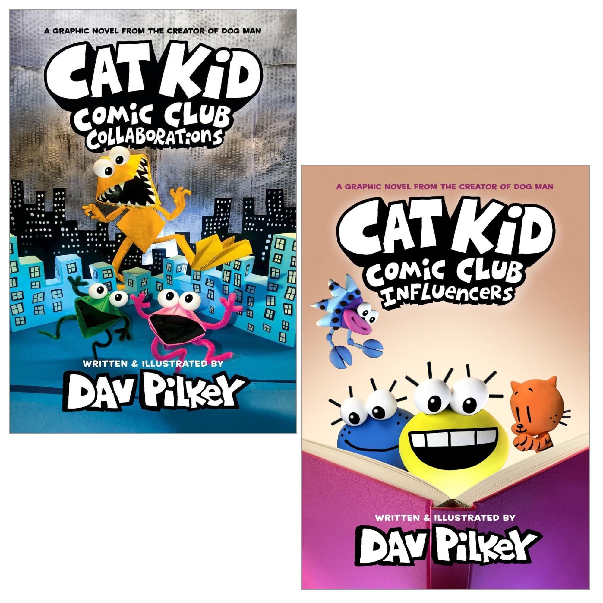 Two hardback books from the Cat Kid Comic Club series by Dav Pilkey, featuring colorful illustrations and engaging characters.
